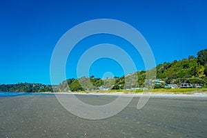 Dark Sand Beach on Waiheke Island, New Zealand with a beautiful blue sky in a sunny day