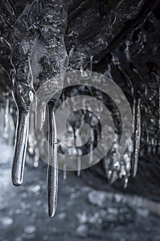 Dark and scary branches of icicles in the a cave. Several sharp icicles hanging from the cave ceiling.