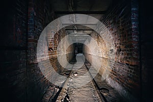 Dark scary corridor in abandoned industrial ruined brick factory, creepy interior