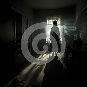 A dark and scary room, with the reflection of a black creature standing in the corner of the room