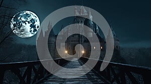 Dark scene with Gothic castle, gloomy palace in full moon. Generative AI