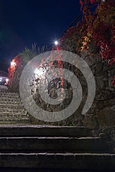 Dark scene with night medieval stairs and street lights