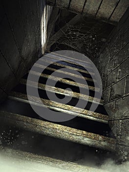 Dusty attic stairs with cobwebs