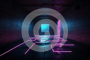 Dark sci fi modern futuristic empty grunge brick wall room purple blue pink glowing lights concrete floor neon vertical line light