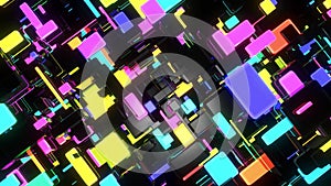 Dark science fiction background. Abstract looped 4k dark background neon cubes light bulbs. Different sizes cubes