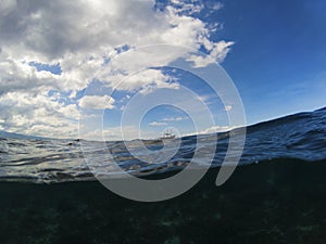 Dark sea water and cloudy blue sky double landscape photo. Tropical seaside banner.