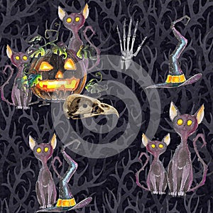 Dark seamless Halloween background with glowing pumpkin lanterns, bird skulls and black cats