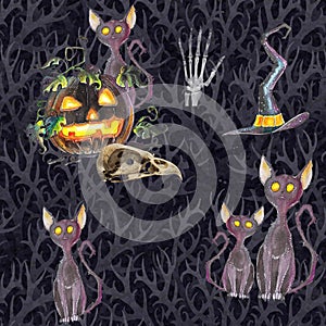 Dark seamless Halloween background with glowing pumpkin lanterns, bird skulls and black cats