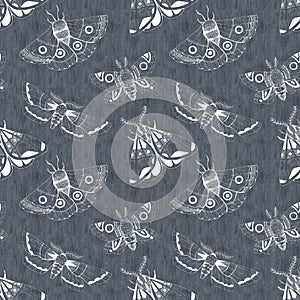 Dark seamless hand drawn pattern white ink moth