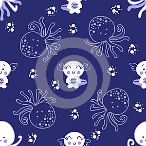 Dark seamless pattern with octopus and axolotls in the ocean. Perfect for T-shirt, textile and print. Hand drawn