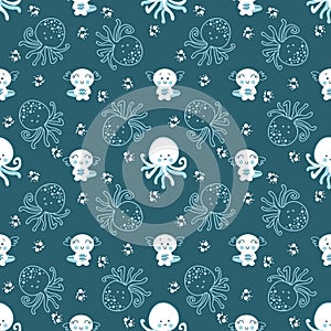 Dark seamless pattern with octopus and axolotls in the ocean. Perfect for T-shirt, textile and print. Hand drawn illustration