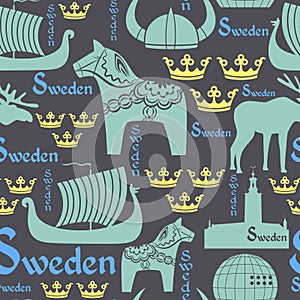 Dark seamless pattern with symbols of Sweden