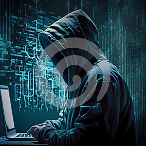 Dark secretive hoodie scammer laptop m matrix technology background