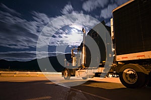 Dark semi truck reefer in night light with moony clouds