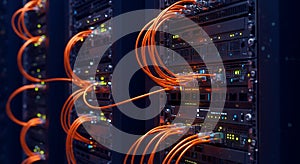 Dark Server Racks with Orange Cables Networking in Data Center