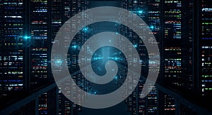 Dark server room aisle glowing blue with data