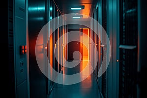 Dark Server Room Corridor. Technology Background With Neon Lights. Big Data, Cloud Computing Center.
