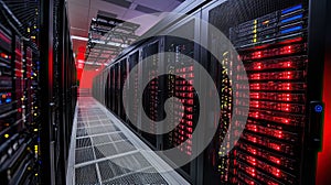 Dark Server Room Interior with Illuminated Racks and Red Lighting