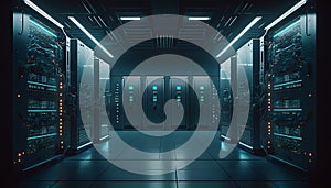 Dark server room interior with rows of server racks. Generative AI