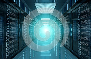 Dark servers data center room with bright halo light through the corridor 3D rendering