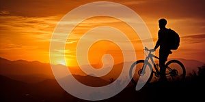 Dark shadow of cyclist traveling. Sunset silhouette bike riding. generative ai
