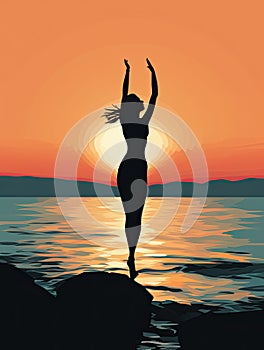 A dark silhouette of a dancing girl on the seashore against the sunset