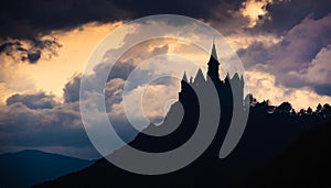 Dark silhouette gothic castle on mountain top, dramatic sky clouds. Spooky Halloween concept