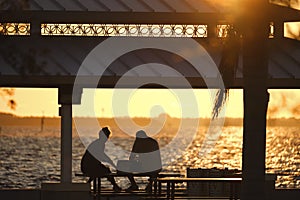 Dark silhouette of people resting under alcove roof on sea shore in public park at sunset