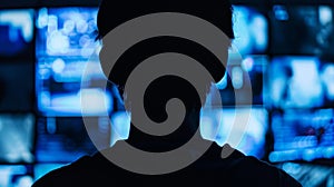 Dark silhouette of a person in front of a computer screen symbolizing the clandestine nature of cyber espionage. photo