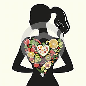 Dark silhouette of a slender girl inside of which there is fruit with a heart