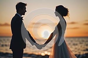 The bride and groom on the background of the sunset