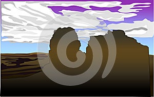 Dark silhouettes of high mountains with desert and white clouds on blue ackground. vector illustration photo