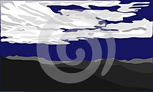 Dark silhouettes of hills with desert and white clouds on dark blue ackground. vector illustration photo