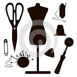 Dark silhouettes of sewing set