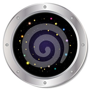 A dark silver spaceship window porthole with space, dark blue sky, and colorful stars vector. Vector illustration