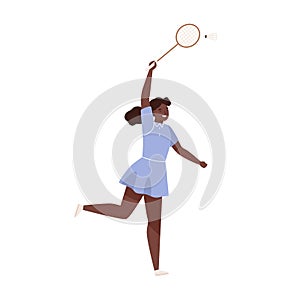 Dark skin female badminton player jumping hitting shuttlecock vector flat illustration. Sportswoman with racket