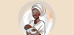 dark skin mum with a newborn baby, icon, copy space for text