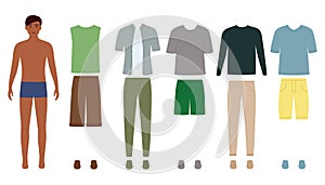 Dark skin paper doll man with clothes for different events, vector illustration