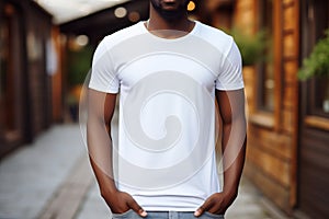Dark skinned afro man on backyard of his house wearing plain white t-shirt