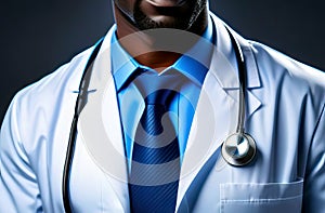 Dark-skinned depersonalized professor in white coat, shirt and tie with stethoscope around neck, closeup photo