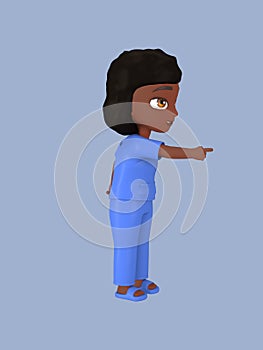 Dark-skinned female character in blue nursing assistant uniform. 3d rendering