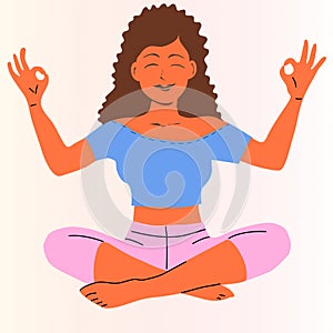 Dark-skinned girl with brown hair in yoga pose meditating. The girl is wearing obliging sportswear or home clothes, blue photo