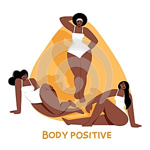 Dark-skinned girls in various poses. Body positive. Love your body