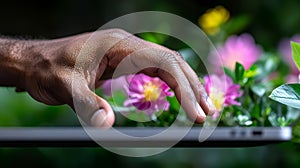 Dark skinned hand interacting with tablet in garden setting photo