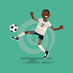 Dark-skinned soccer player scores a goal. Vector illustration photo