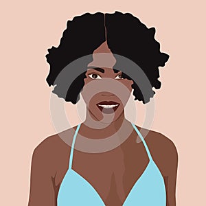 A dark-skinned woman. Beautiful young African woman. Snow-white smile. Curly hair.