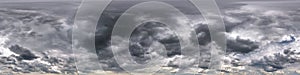 Dark sky with beautiful black clouds before storm. Seamless hdri panorama 360 degrees angle view with zenith without ground for