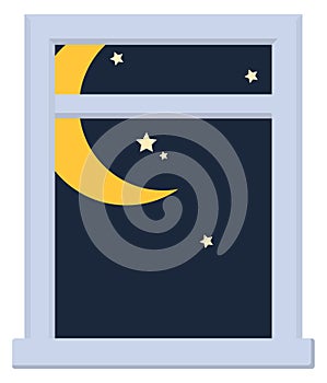 Dark sky with moon and stars in white window frame