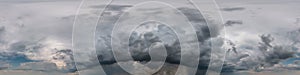 Dark sky before storm with black beautiful clouds. Seamless hdri panorama 360 degrees angle view  with zenith for use in 3d