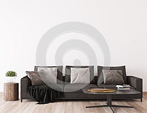 Dark sofa in minimal living room design, empty wall mockup, modern style